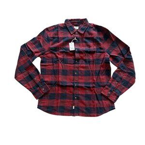 Marine Layer Mens Red & Navy Plaid Button-Up Shirt Size M 100% Cotton Long Sleev